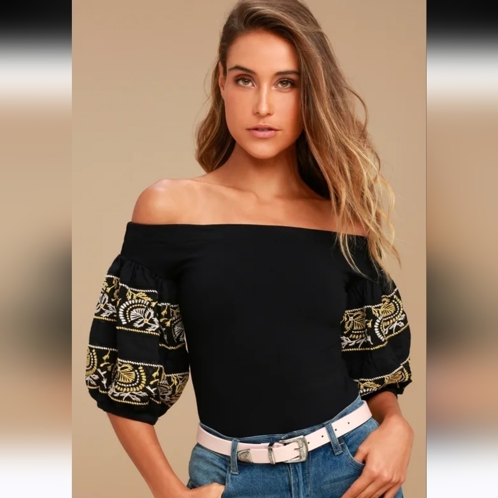 Free People Rock With It Black Embroidered Off-the-Shoulder Top Women's Medium